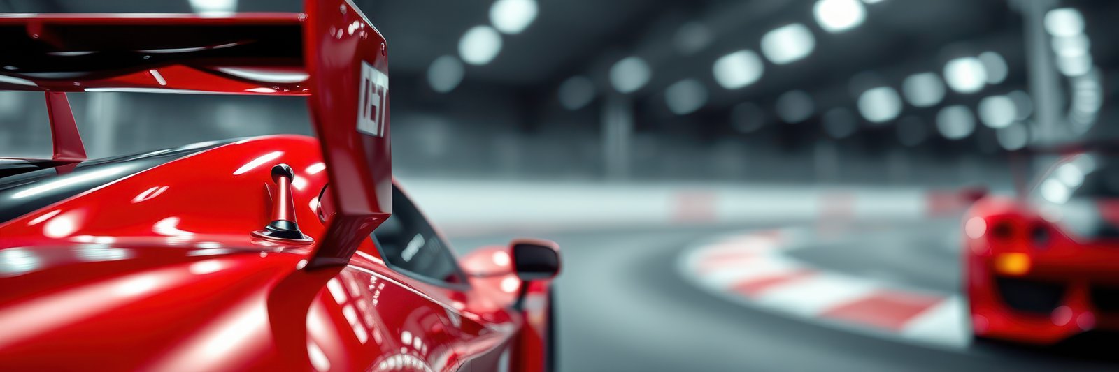 Sports car racing in a modern indoor track with vibrant red vehicles speeding around sharp curves
